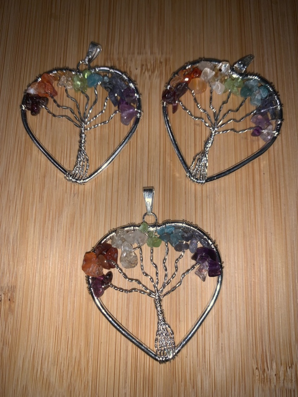 NWOT Silver Heart Tree of Life Pendants with Multicolor Gem Chips Bundle